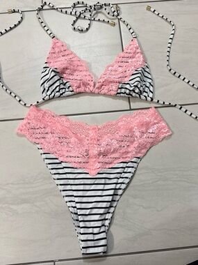 Beach Bunny Black & White Striped Bikini with Pink Lace